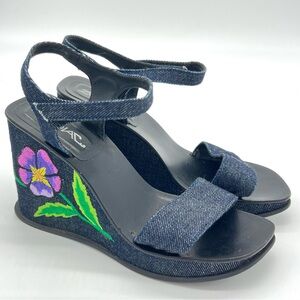 Zodiac Denim Navy Blue Wedge Platform Sandals Vintage Purple Flower Embroidery 7